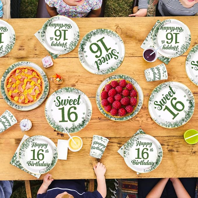 250 Pcs Sweet 16 Party Decorations Sage Green 16th Birthday Tableware Set Include Plates Napkins Cups for Kids Sixteen Years Old Birthday Supplies Serves 50