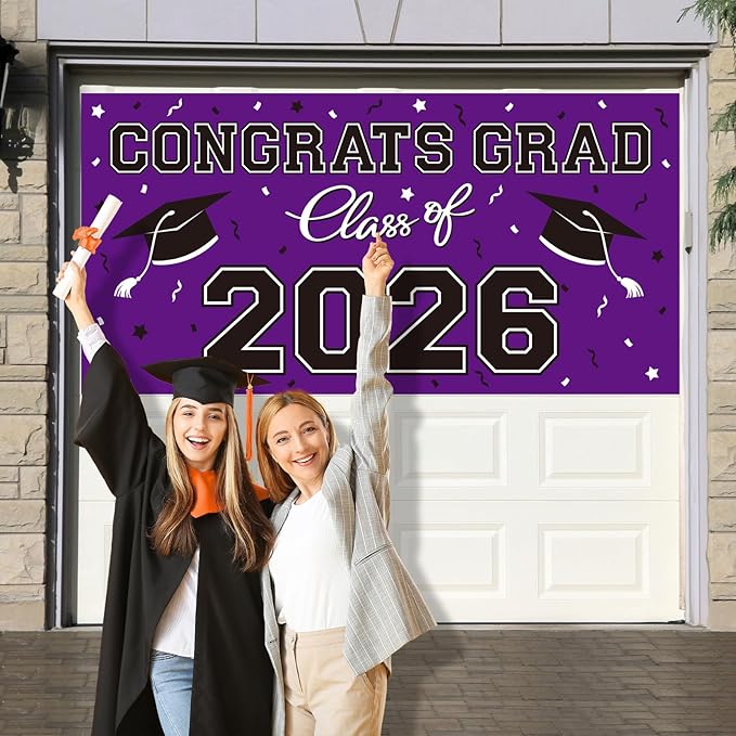 2026 Graduation Party Plastic Backdrop - 65" x 32.7" Congrats Grad Banner in Purple, Large Class of 2026 Decorations, Photography & Grad Party Supplies