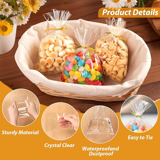 RICEDUO 100-Pack Cellophane Treat Bags with Twist Ties - 4x6 Inch Clear Party Favor Bags for Candy, Cookies, Birthday Goodies, Baby Showers & Holiday Gift Wrapping