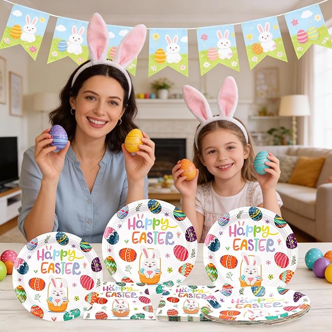 Easter Plates and Napkins Set for 20 Guests - 40 Pcs Disposable Easter Dinnerware, 9 Inch Colorful Egg & Bunny Paper Plates 20pcs and Napkins 20pcs for Dinner, Spring Party Decorations