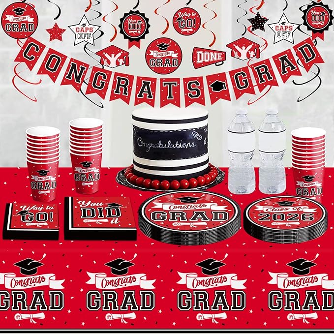 DAZONGE Graduation Decorations 2026 Red and Black, 265pcs Disposable Tableware Kit for 50 Guests, Plates, Napkins, Cups, Tablecloth and Hanging 2026 Graduation Party Decorations