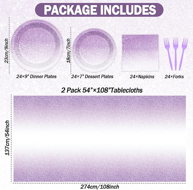 ZOiiWA 98 Pcs Gradient Pastel Purple Tableware - Plates, Napkins, Tablecloth & Party Decorations - Light Purple Sprinkle Wedding & Birthday Table Cover & Party Favors