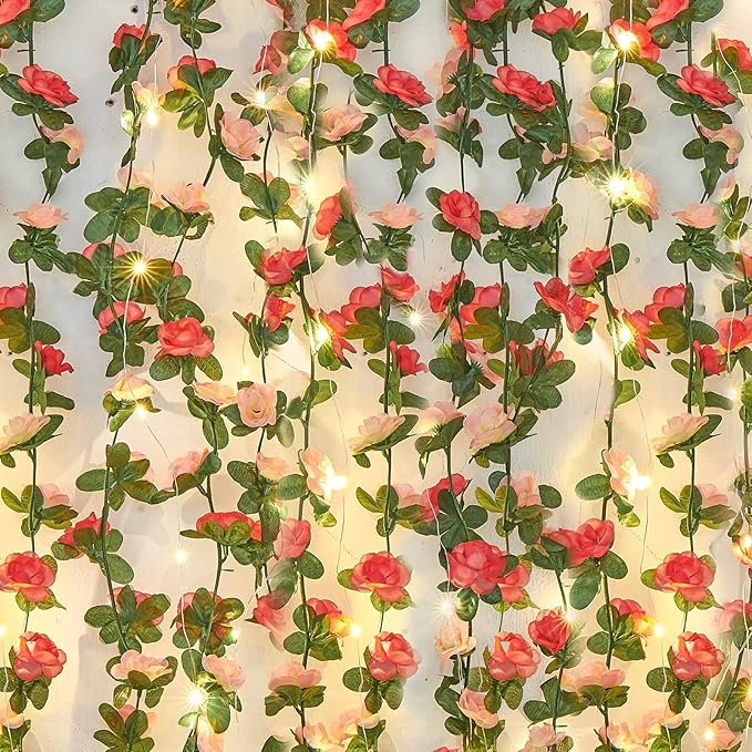 MARTINE MALL Rose Vines with 99 Ft/300 LED String Lights, Floral Garland for Bedroom, Wedding Decor