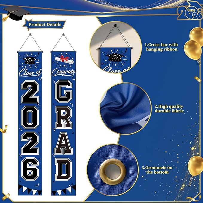 Graduation Decorations 2026 - Blue and Black Graduation Banner Class of 2026 Congrats Grad Party Supplies Decorations Door Banner 2026 for Graduation Decor