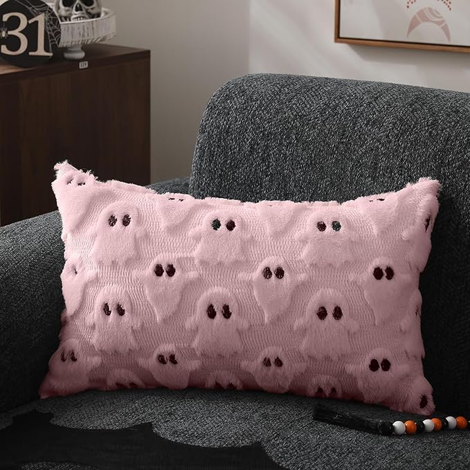 DFXSZ Halloween Pillow Covers 12x20 inch Set of 2 Pink Ghost Throw Pillow Cases Soft Plush Faux Fur Wool Couch Cushion Case for Chair Sofa Bedroom Living Room Home Decor PTK03B12