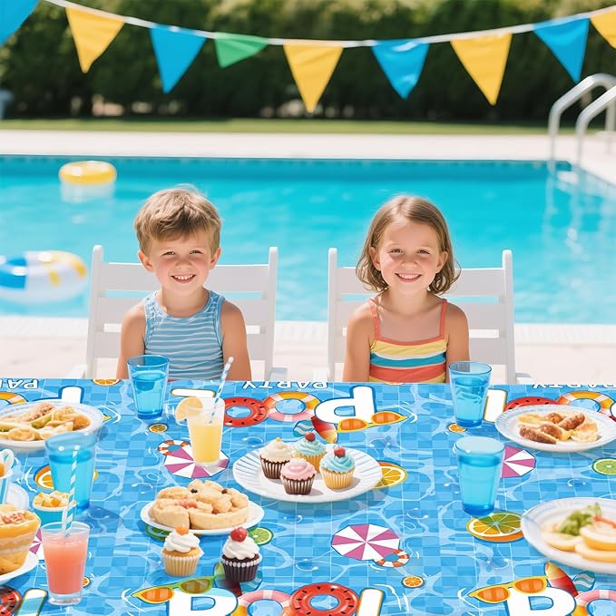 3pcs Pool Party Table Cloth Disposable, Waterproof Summer Tablecloth for Beach Swimming Pool Summer Birthday Party Dining Table Decor 54 X 108 Inch