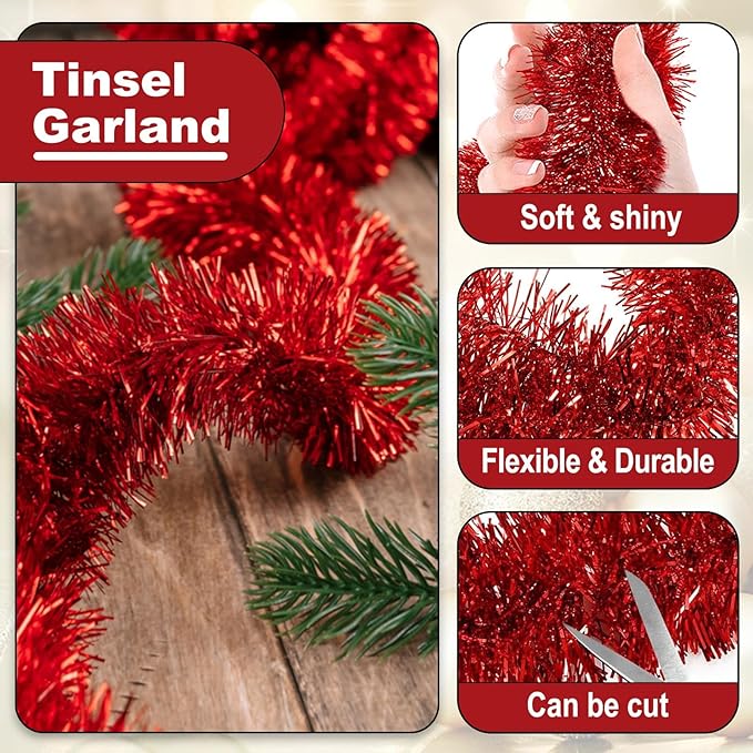 25 Feet Christmas Tinsel Garland, Metallic Twist Garland Wall Hanging Tinsel Garland Backdrop for Parade Floats, Carnival, Birthday, Wedding, New Year Party Decorations (Red, 4in x 25ft)