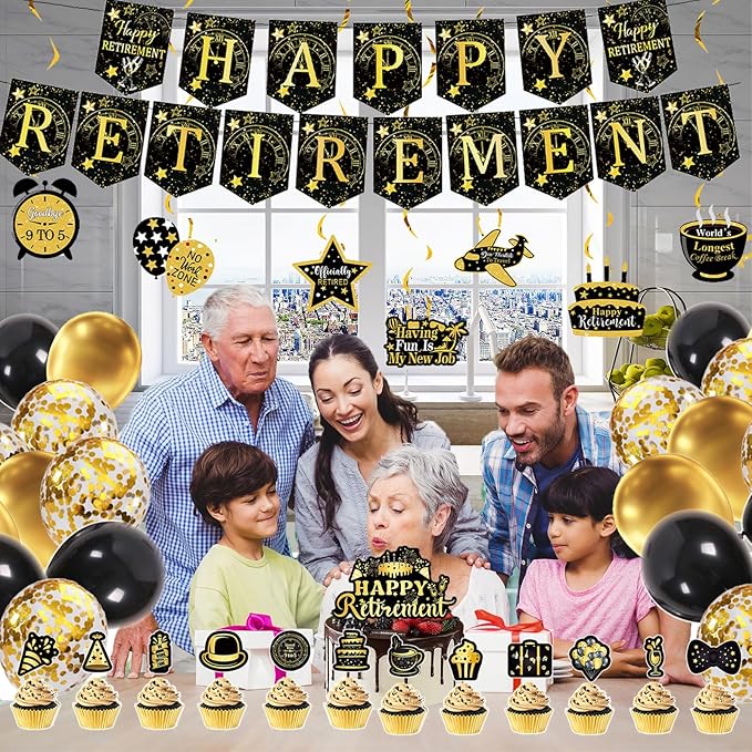 52PCS Happy Retirement Party Decorations for Men Women, Black and Gold Retirement Decorations,Happy Banners,Balloons,Cake&Cupcake Toppers Hanging Swirls,Office Yard Sign Farewell Party Supplies