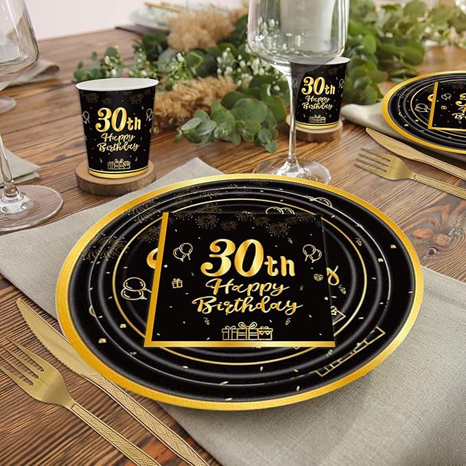 144PCS 30th Birthday Plates and Napkins Birthday Party Supplies 30th Birthday Party Decorations for Men Women Disposable Party Tableware Including Paper Plates Napkins Cups Forks Serve 24