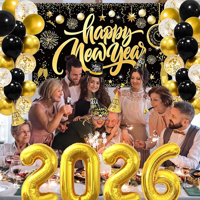 147 Pcs New Year Eve Party Supplies 2026 Black Gold Happy New Year Backdrop Party Decoration Serve 24 Guests Cone Hats Glasses Balloons Number 2026 Headband Tiaras Squawkers Necklace Party Favor
