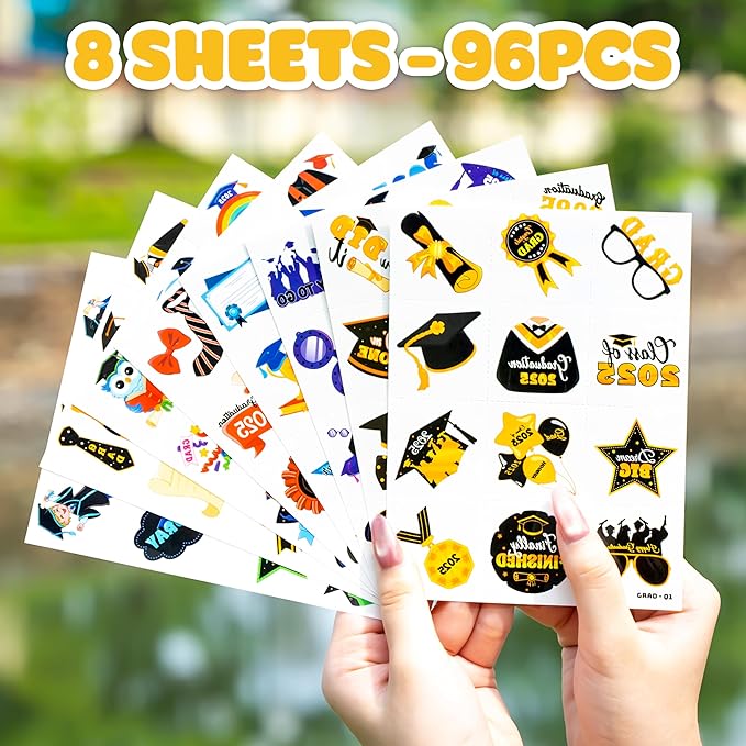 96 PCS Happy Graduation Grad Congrats Pre-Cut Temporary Tattoos for Kids | Super Cute Themed Birthday Party Favors, Supplies, Decorations, Fake Tattoo Stickers (Multiple)