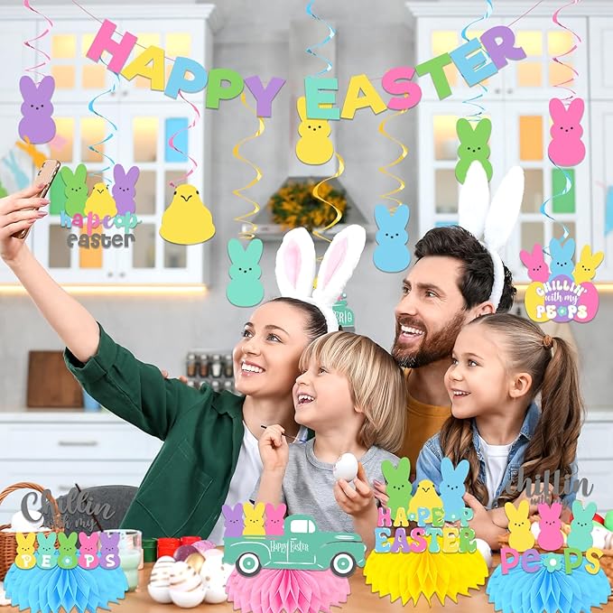 Easter Party Decorations, Easter Decorations Includes Happy Easter Banner Hanging Swirls Easter Party Supplies Honeycomb Centerpieces, Easter Bunny Decorations for Office Home Classroom Spring Party