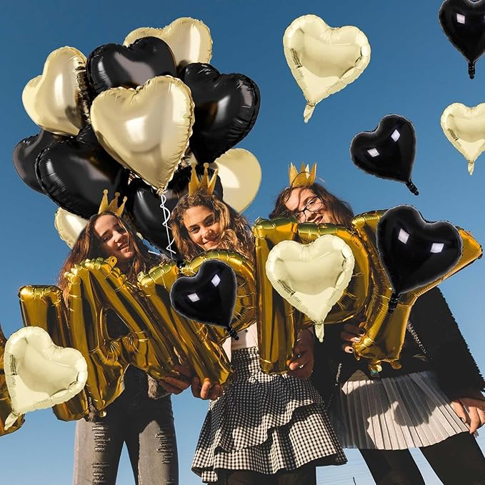 Black Gold Foil Heart Balloons, 18 Inch 10 Pcs Light Gold and Black Heart Shape Foil Balloons Pastel Yellow and Black Heart Balloons for Birthday Graduation Valentines Baby Party Anniversary