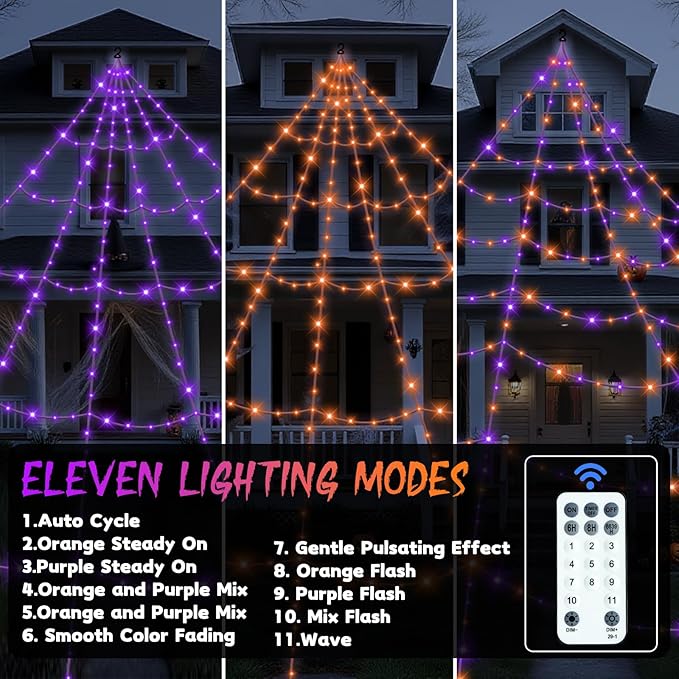 Halloween Decorations Outdoor Spider Web Lights - 550 LEDs Purple and Orange Remote Control Timer Plug in Giant Halloween Decor Cobwebs - 11 Modes Lighting Waterproof Yard Garden Party Decorations
