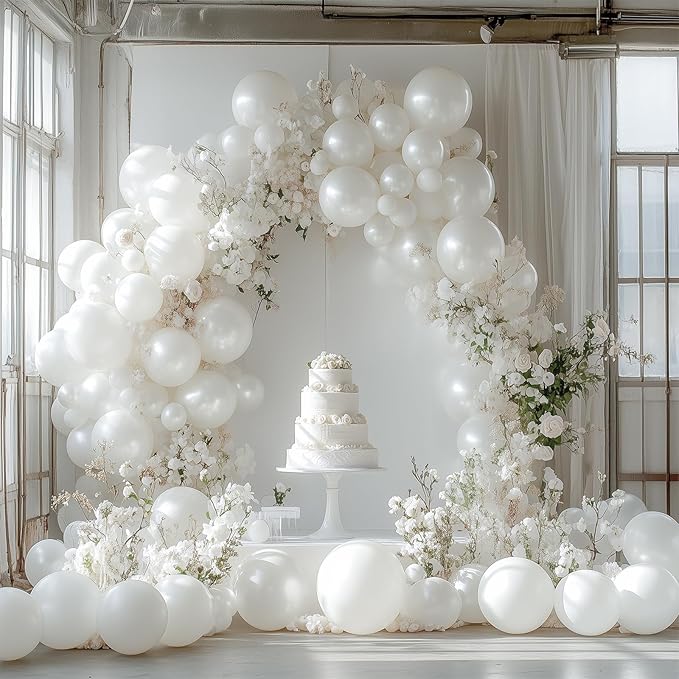 PartyWoo Pearl White Balloons 140pcs Different Sizes Pack of 18 12 10 5 Inch Metallic White Latex Balloon Arch Kit Garland for Wedding Graduation Baby Shower Birthday Party Decorations White-Z30