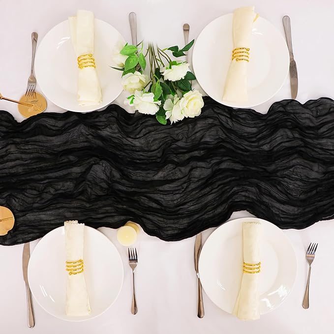 Snowkingdom 10 Ft Black Cheesecloth Table Runner, 120 inch Long Cheese Cloth Boho Gauze Runner for Wedding Bridal Baby Shower Birthday Holiday Party Sheer Halloween Table Decorations