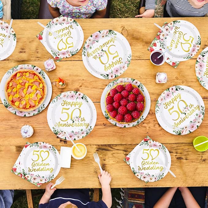 96 Pcs 50th Anniversary Decorations Pink Floral Happy 50th Anniversary Plates and Napkins Disposable Golden Wedding Tableware Set for Wedding 50 Years Loved Party Supplies Serves 24