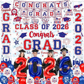 Graduation Decorations 2026 - Red and Blue Graduation Party Supplies Congrats Grad Backdrop & Banner, Hanging Swirls, Porch Sign, Balloons for High School & College Celebrations