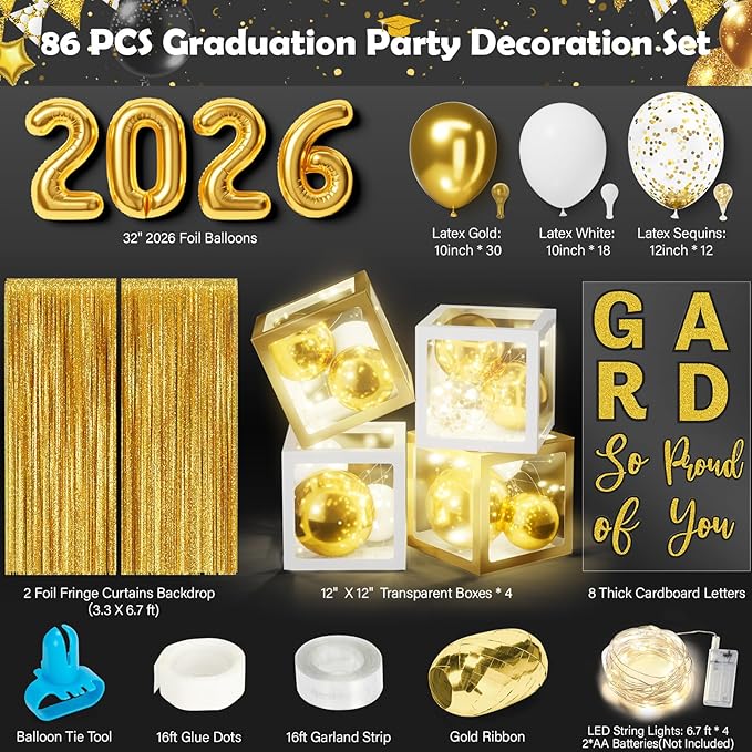Graduation Party Decorations Class of 2026, 86PCS White & Gold Graduation Party Supplies High School College Grad Balloon Boxes with Letter, Foil Curtain, LED String Light, Balloon Garland Kit
