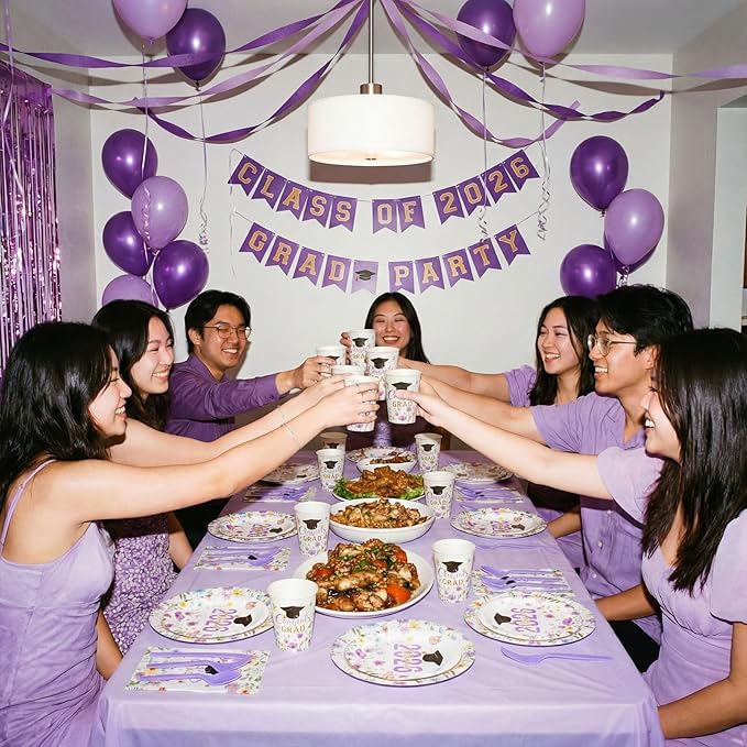 400 Pcs Class of 2026 Purple Floral Graduation Decoration for 50 Guests, Purple Gold Flower Graduation Paper Plates Napkins Cups Cutlery Grad Tableware for 2026 Congrats Grad Party Supply