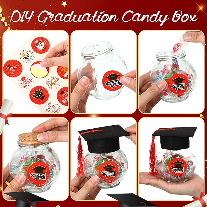 20 Sets Glass Graduation Cap Candy Jars Class of 2026 Graduation Party Decorations Candy Boxes Containers with Sticker for 2026 Grad Ceremony Party Supplies DIY(Red and Gold)