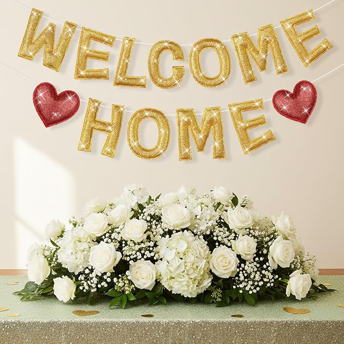 Tegeme Felt Welcome Home Banner, Pre-strung Glitter Welcome Garland Reusable Colorful Rainbow Decoration for Woman, Man Party Photo Prop(Yellow)