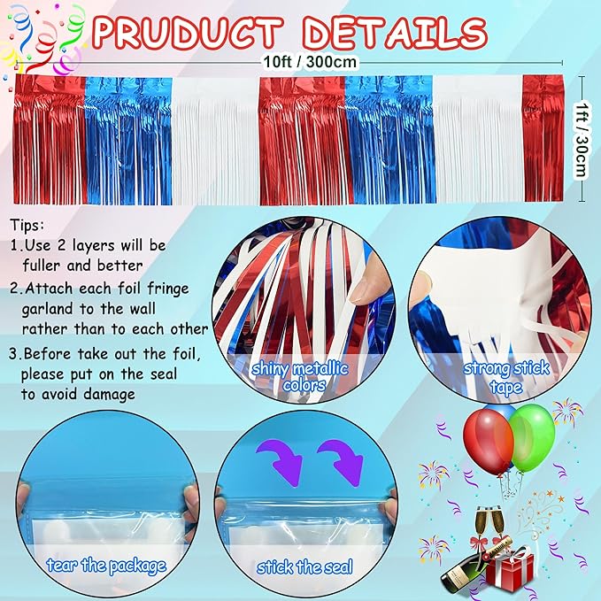 4 Packs Total 39 Feet 4th of July Parade Floats for Trailer Car, Red White Blue Foil Fringe Garland Patriotic Tinsel Streamers Banner Table Skirts for Graduation Homecoming Wedding Birthday Party