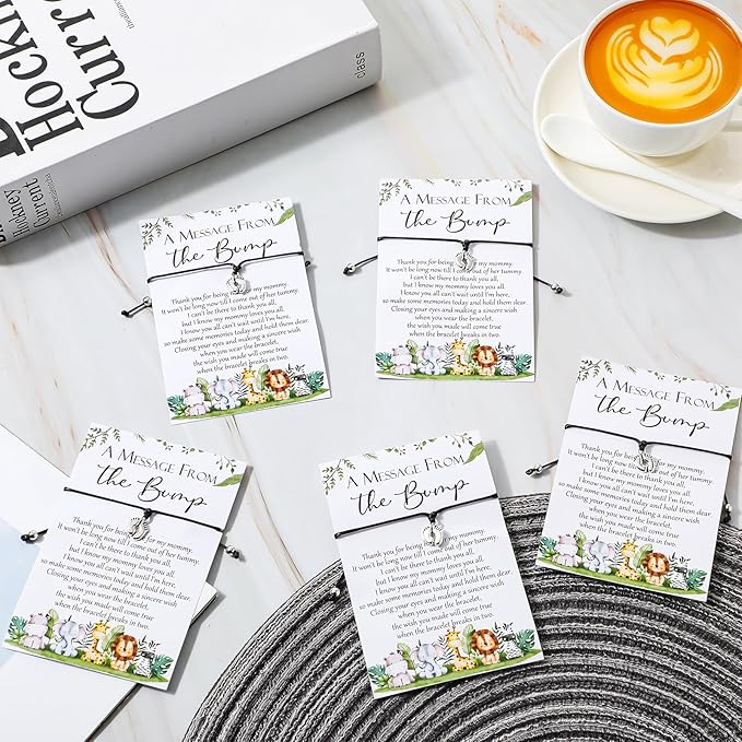 Thyle 50 Set Safari Baby Shower Favors for Guests Adjustable Bracelets with Message from The Bump Card Footprints Charm Baby Shower Bracelets for Gender Reveal Thank You Gifts
