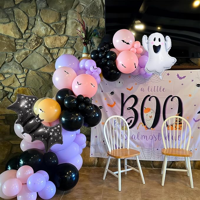 Pink Purple Halloween Balloon Arch Garland Kit, 125pcs Pastel Witch Halloween Balloon with Bat & Cute Ghost Foil Balloons for Girls Baby Shower halloween Boo Spooky Season Indoor Party Decorations