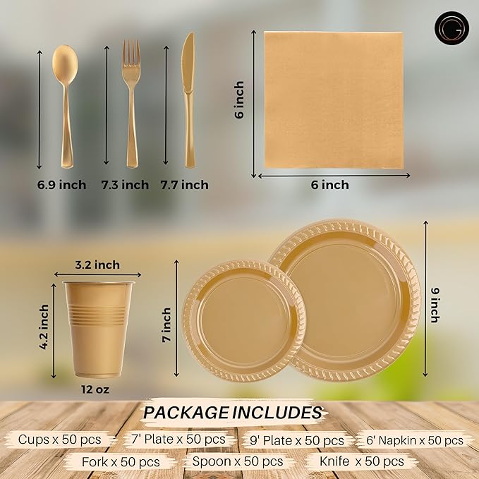 Grandipity 350 Piece Gold Disposable Dinnerware Set, Includes 50 of Each: 9" Dinner Plates, 7" Dessert Plates, 12oz Cups, Paper Napkins, Forks, Knives & Spoons