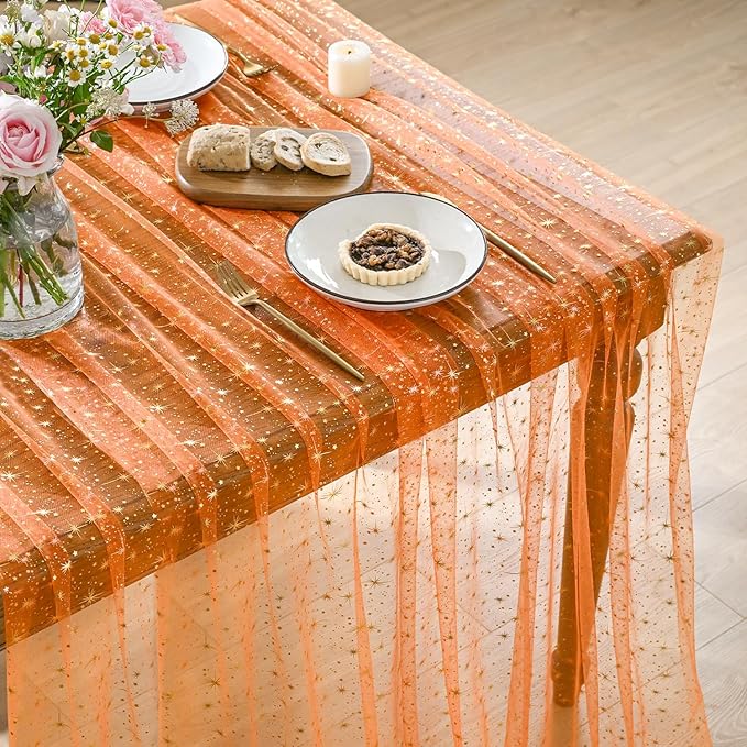 Horaldaily Orange Gold Sparkling Star Gauze Tablecloth 60x104 Inch Rectangular, Golden Star Sequin Glitter Metallic Foil, Sheer Tulle Cheesecloth for Wedding Baby Shower Party