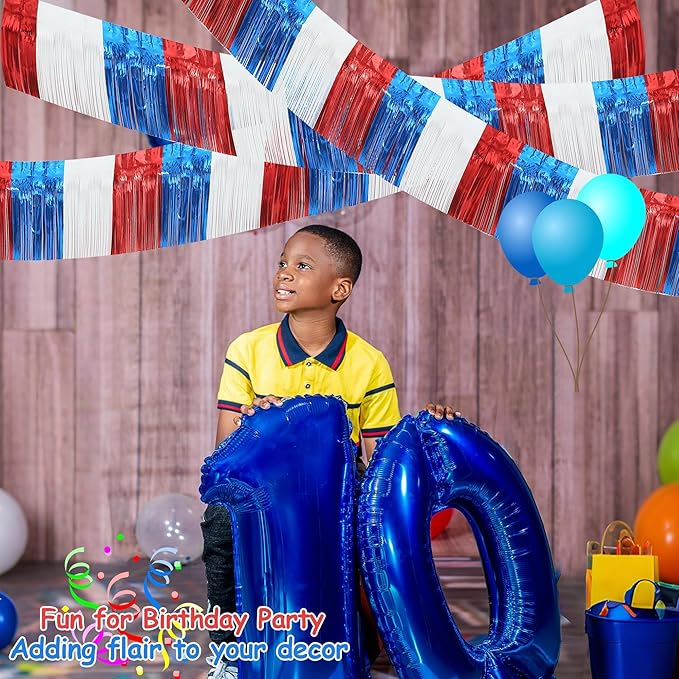 4 Packs Total 39 Feet 4th of July Parade Floats for Trailer Car, Red White Blue Foil Fringe Garland Patriotic Tinsel Streamers Banner Table Skirts for Graduation Homecoming Wedding Birthday Party