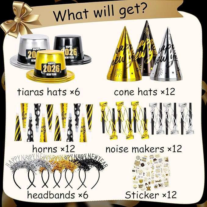Atonofun 2026 New Years Eve Party Supplies for 24 Guests, 60 Pcs New Year Eve Party Hats and Horns, Headband, Tattoos, Blowouts 2026 New Year Party Favors