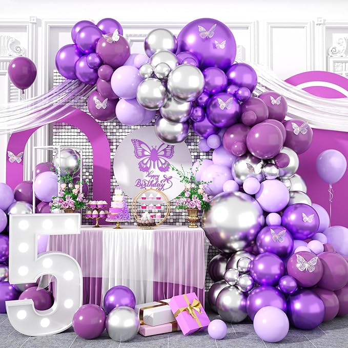 Purple Silver Balloon Arch Kit, Metallic Purple Silver Butterfly Balloons with Butterfly Stickers for Kids Butterfly Party Decorations Birthday Balloons Baby Shower Engagement Party Supplies