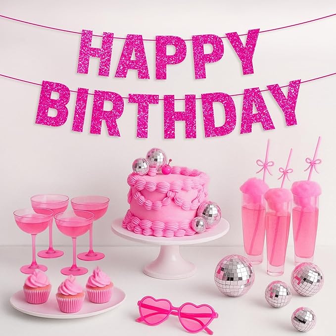 Pre-strung Happy Birthday Banner - No DIY - Hot Pink Glitter Happy Birthday Party Banner for Girls & Women - Pre-strung on 8 ft Strands - Hot Pink Bday Party Decorations & Decor. Did We Mention No DIY