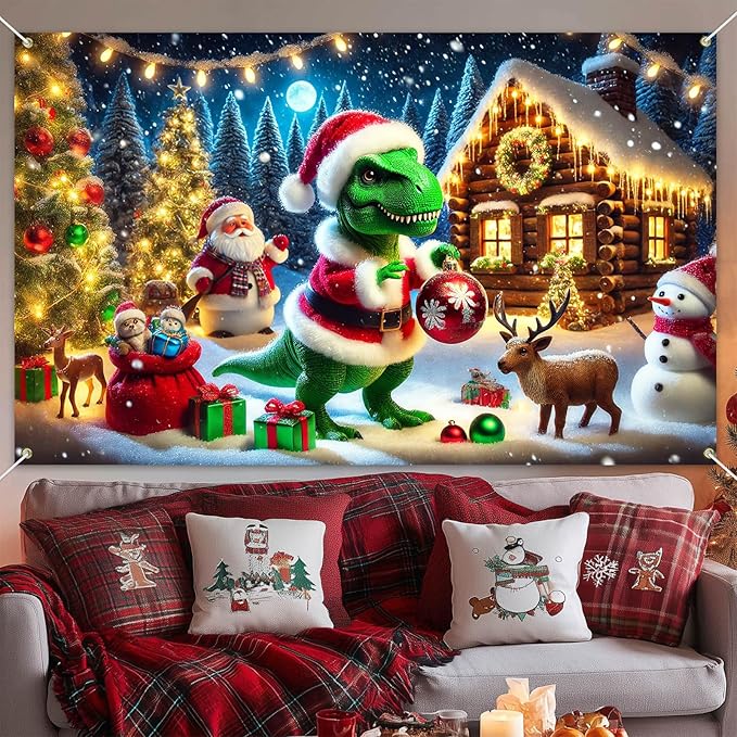 Christmas Banner Dinosaur Santa Claus Holiday Winter Wonderland Decorations Photo Backdrop Snow Scene Party Decor Tree Lights Gifts Reindeer Background for Wall 71 X 43 Inches