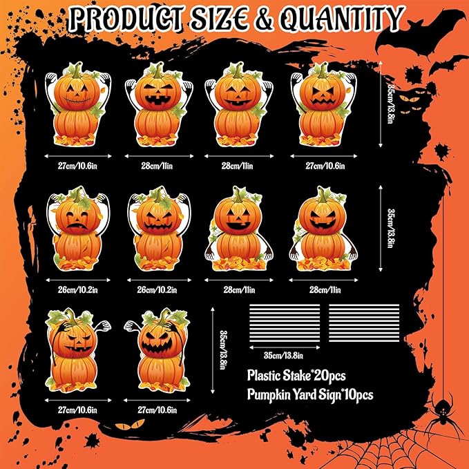 10 PCS Halloween Pumpkin Yard Signs with Stakes, Waterproof Pumpkin Ghost Lawn Signs, Trick or Treat Party Garden Outdoor Decorations, 10 Cute Scary Styles