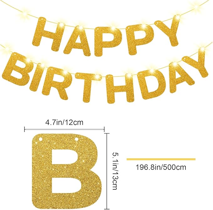 Glitter Gold Happy Birthday Banner with Lights for Happy Birthday Party Decorations Birthday Sign Bunting Banner with Shiny Letter Baby Birthday Party Decorations Supplies for Kids Adult