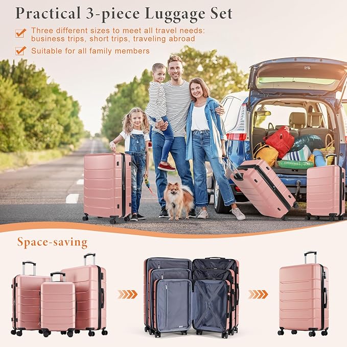 Sweetcrispy Carry on Suitcase, Luggage with Spinner Wheels, Hard Shell ABS, TSA Lock, Pink, 3-PCS Set (20/24/28 inch)