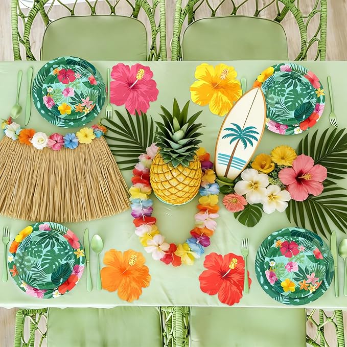 144Pcs Tropical Luau Party Supplies Hawaiian Hibiscus Floral Disposable Paper Plates and Napkins Palm Leaf Themed Tableware Set for Summer Beach Aloha Birthday Decorations