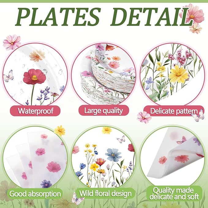 400 Pcs Wild Floral Disposable Paper Plates Napkins and Cups Serve 50 Watercolor Floral Tableware Set for Spring Wedding Tea Party Decoration Bridal Baby Shower (Pink Color, Gentle Style)