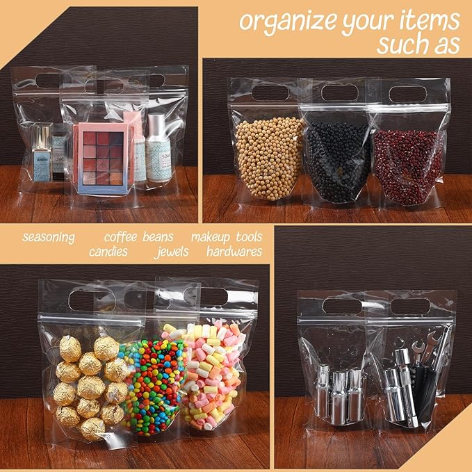 120 Pcs Plastic Gift Bag Bulk 5.5 x 8.7 Inch Resealable Party Goodie Bag with Clear Window Color Favor Pouch with Handle for Home Birthday Wedding Party Candy Gift Wrap Supplies(Transparent)