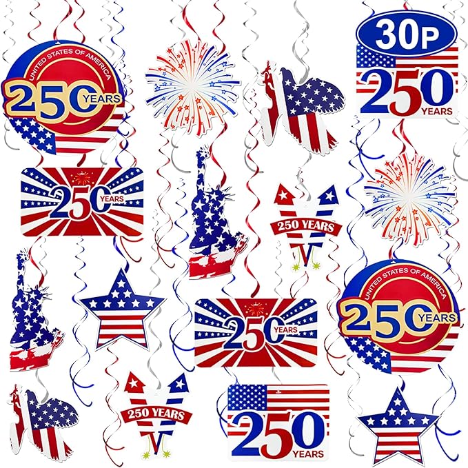 TURNMEON 30 Pcs USA 250th Anniversary 4th of July Decorations Fourth of July Party Supplies Red White Blue Decorations American Flag Stars Hanging Swirls Patriotic Party Favors Independence Day Decor