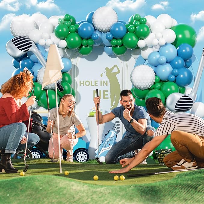 Hole in One Balloon Garland Arch Kit 131 Blue Green White Latex Balloons with Golf Cart and Ball Foil Balloons for Hole in One First Birthday Golf-Themed Retirement Party Decoration