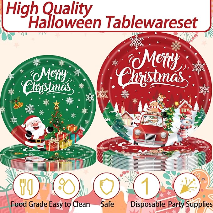 Christmas Party Supplies Set, Chris Theme 280 Pieces with Plates, Napkins, Cups and Tableware for 40 Guest Red and Green Design for Party