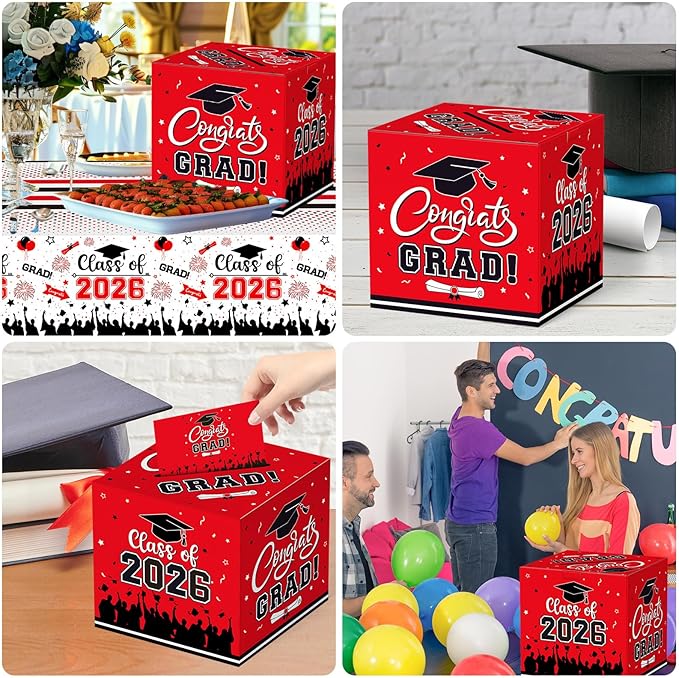Graduation Card Box 2026 - Congrats Grad Card Boxes Holder, Red Class of 2026 Graduation Gift Cards Box for Graduation Party Decorations 2026 Favors Decor Supplies Props,9x 9 x 9 inches