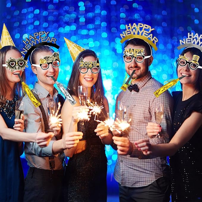 Openfly 36Pcs New Years Eve Party Supplies 2026 Happy New Year Hats Headband Tiara Noise Makers Paper Glasses Party Favors