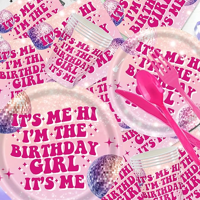 194 Pcs Its Me Hi Im The Birthday Girl Its Me Party Supplies Serve 24, Includes Plates, Cutlery, Tablecloth & Banner for Music Birthday Theme Decorations