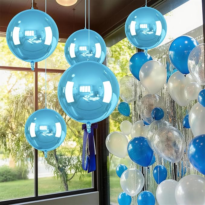 14 Pcs Blue Round Foil Balloons 22/15/10 4D Ball Balloons Light Baby Blue Metallic Balloon Ornament Mylar Balloon Chrome for Birthday Graduation Wedding Anniversary Ocean Disco Party Decor