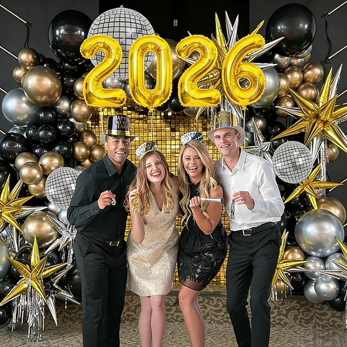 2026 Graduation Balloon Garland Arch Kit, Black Gold Silver Balloon Arch 2026 Graduation Decorations Disco Star Balloons for Grad Celebrations New Year Birthday Party Decorations